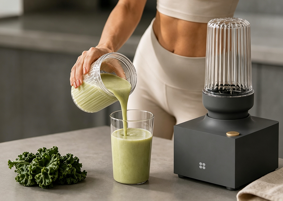 Healthy kale smoothie recipe made with banana mango and fresh kale in a blender