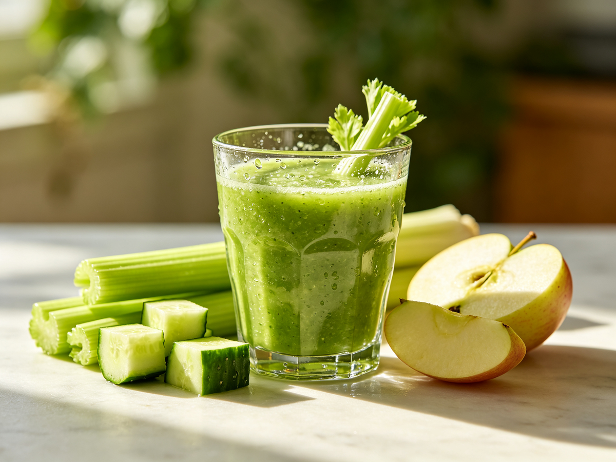 Fresh homemade green detox juice made with cucumber celery green apple lemon and ginger served in a clear glass on a bright kitchen countertop